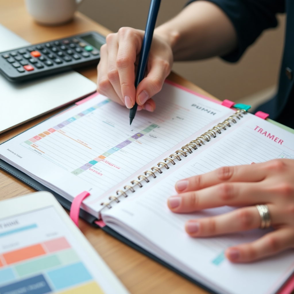 Person planning budget with notebook and calculator