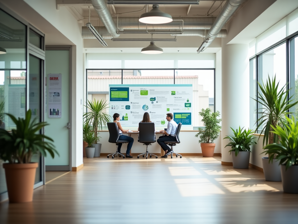 Modern office space with financial literacy materials displayed